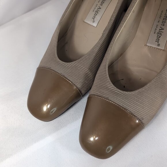 Etienne Aigner Kitten Heels Brown Tan Ribbed Taupe 8 Leather Italy Women Vintage - Picture 3 of 16